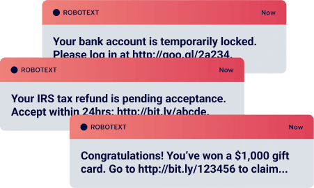 Common spam messages urging the reader to click a link to claim a prize or access important information.